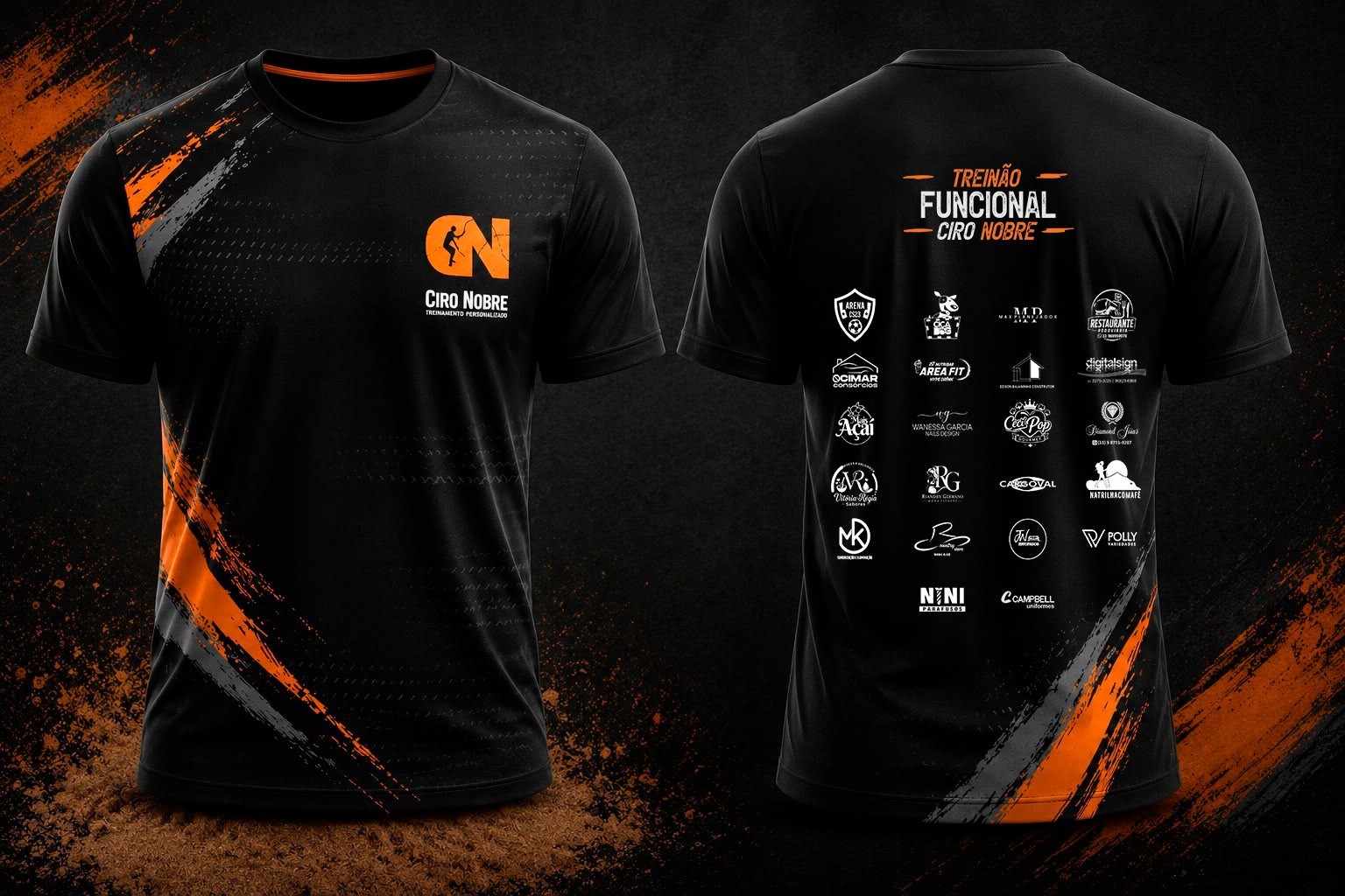 Camisa oficial do Aulão, preta com detalhes em laranja — frente e costas, com os patrocinadores do evento estampados nas costas